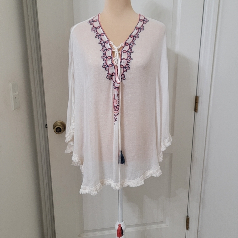 Quagga Green Label Size Unmarked Embroidered Boho Swim Coverup Cape / Poncho
